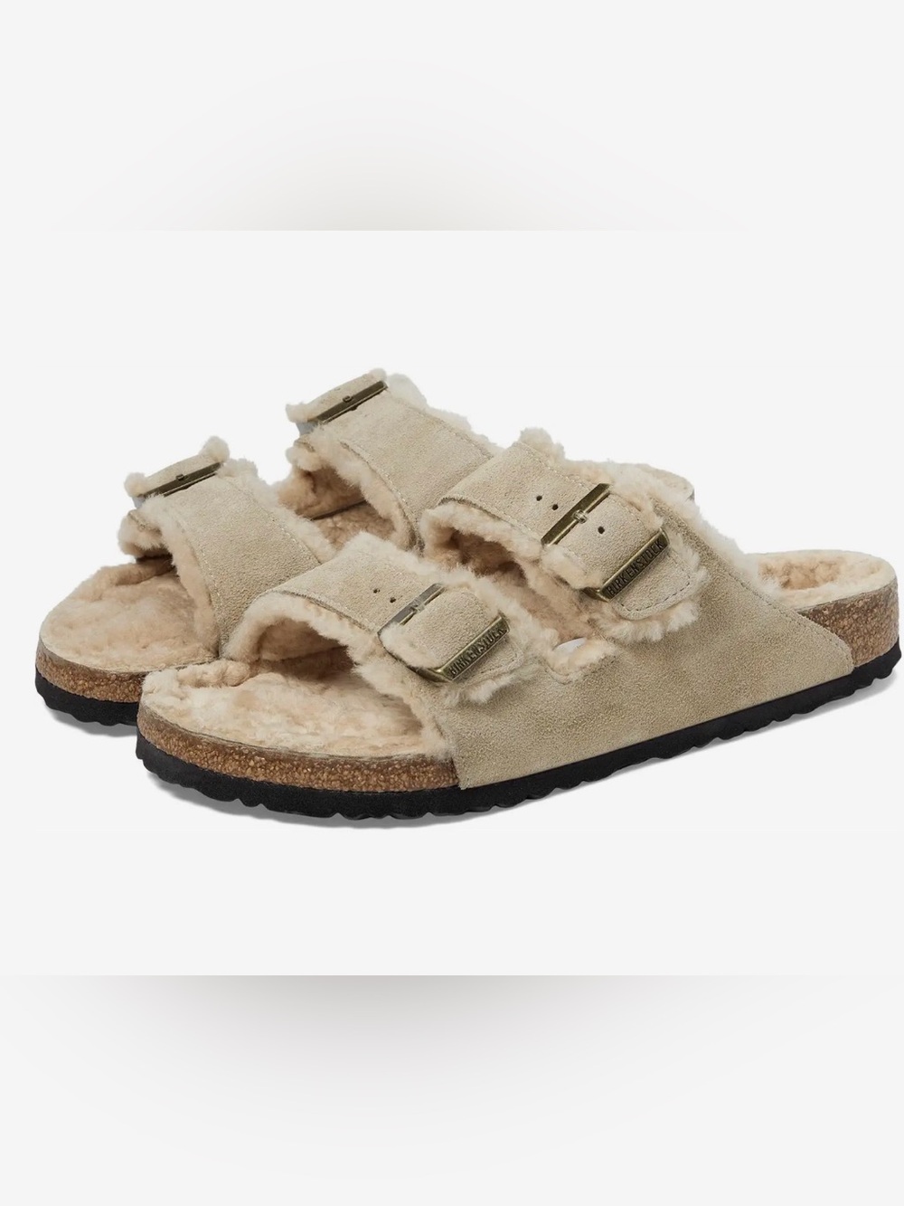 New Birkenstock Arizona Shearling Suede Taupe Real Fur shoes, size 8W, 6M, $164